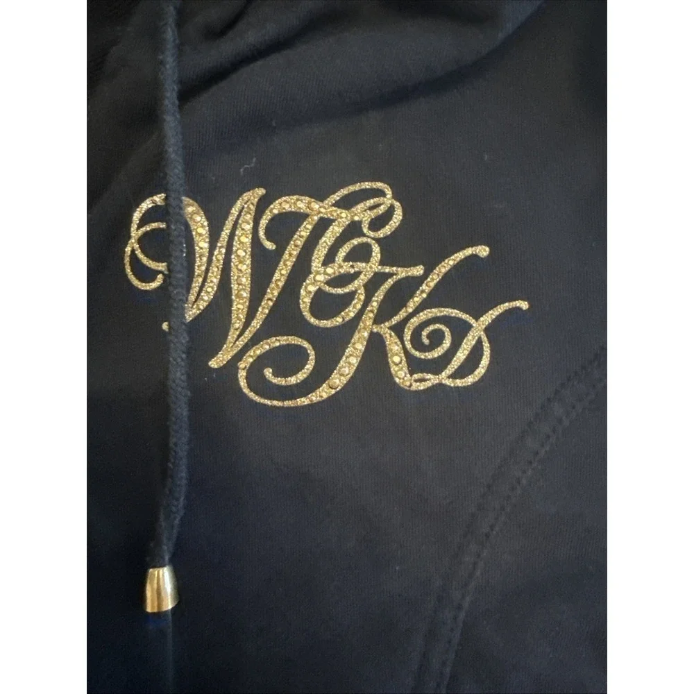 Y2K Wckd Full Zip Crop Hoodie Short Sleeve Rhinestone Logo Black & Gold Youth XL